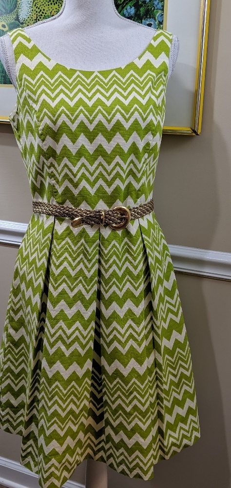 Jessica Howard Green and White Chevron Dress